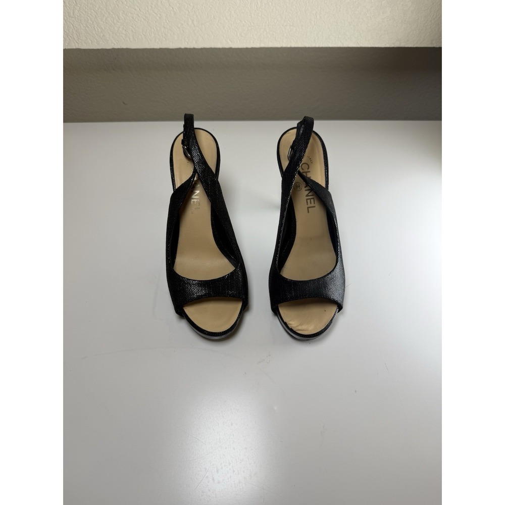 Chanel Black CC Logo Heel Peep Toe Platform Slingback Heels Shoes Size 37.5 US 7